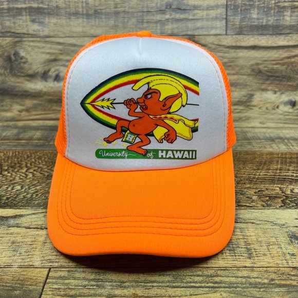 University of Hawaii Mens Trucker Hat Orange Snapback Vintage Rainbow Logo cap - Picture 2 of 8